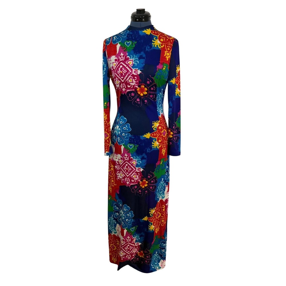 Vintage Anne Fogarty Maxi Dress Psychedelic Floral Mock Neck 70s Multicolor XS